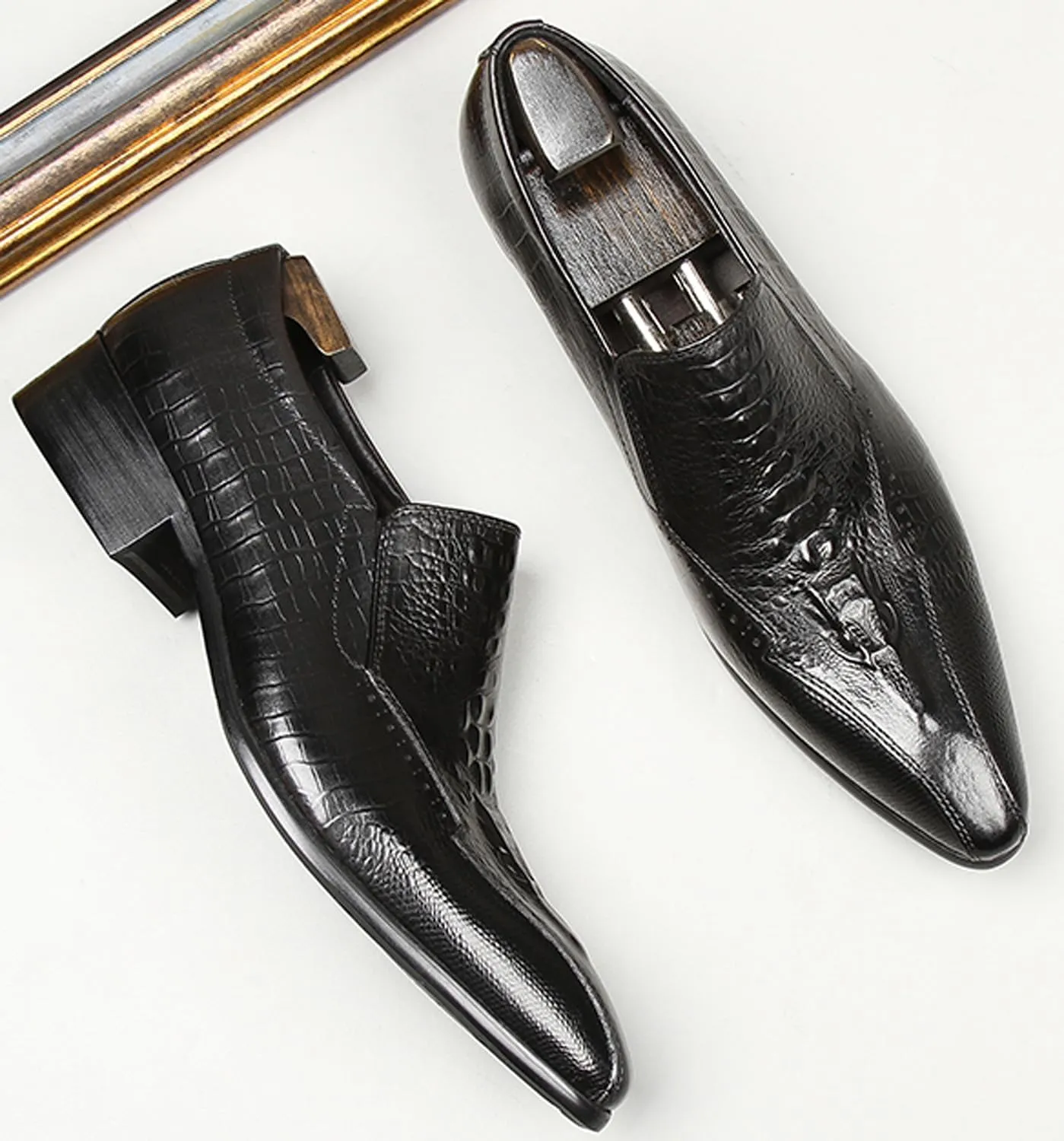 Santimon Men’s Slip-On Loafers Formal Dress Shoes – Crocodile-Embossed Leather Penny Loafers for Business Casual, Wedding & Evening Events