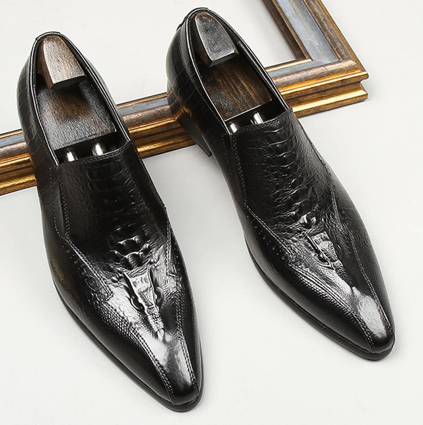 Santimon Men’s Slip-On Loafers Formal Dress Shoes – Crocodile-Embossed Leather Penny Loafers for Business Casual, Wedding & Evening Events