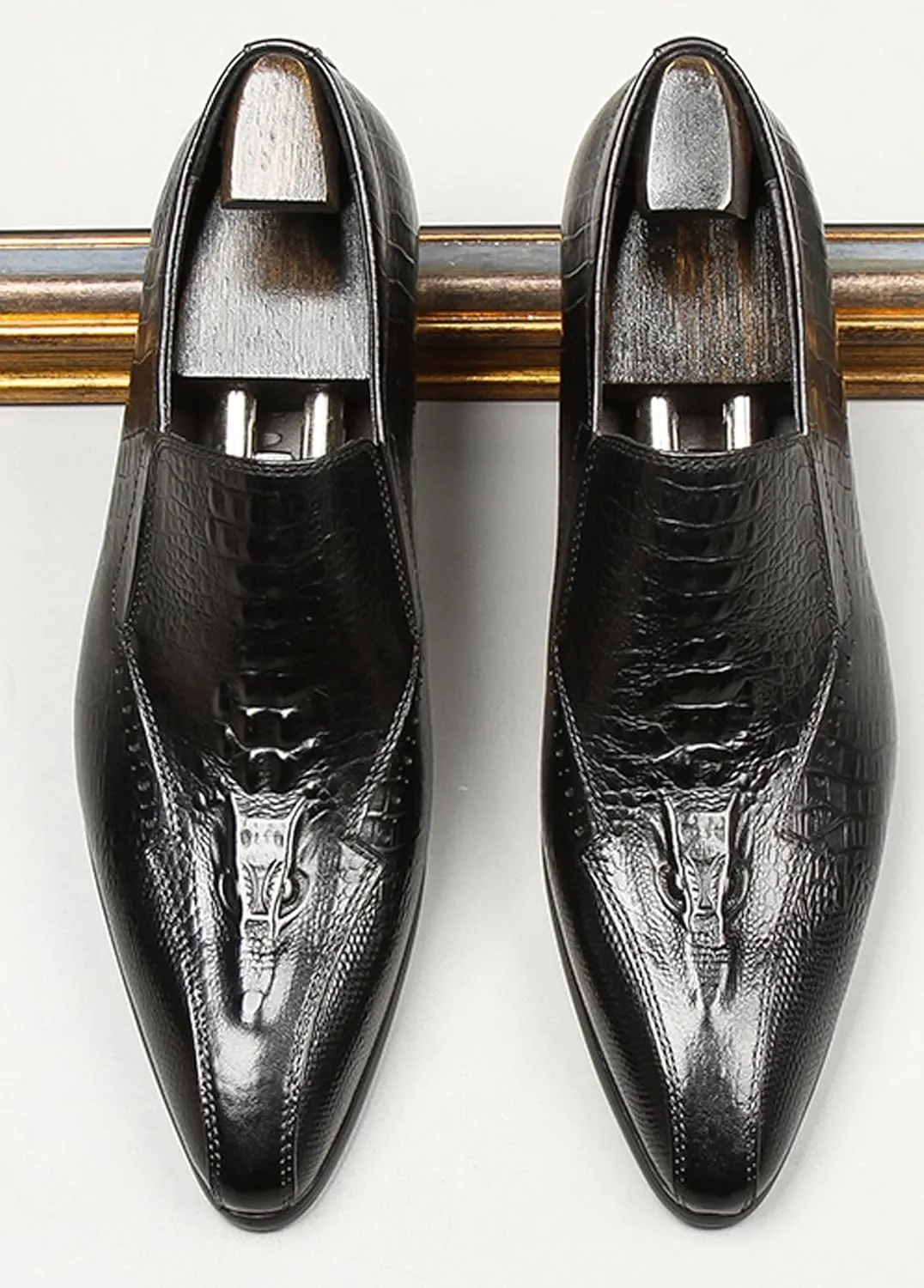 Santimon Men’s Slip-On Loafers Formal Dress Shoes – Crocodile-Embossed Leather Penny Loafers for Business Casual, Wedding & Evening Events