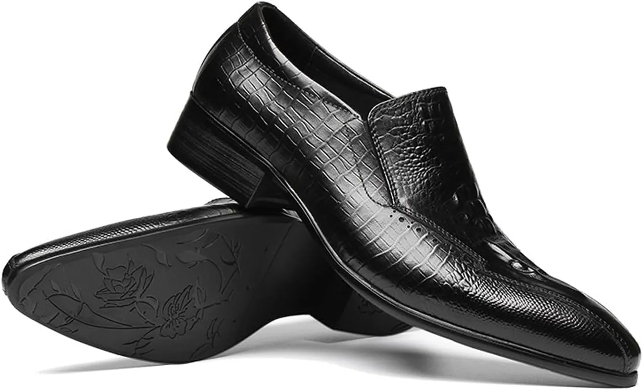 Santimon Men’s Slip-On Loafers Formal Dress Shoes – Crocodile-Embossed Leather Penny Loafers for Business Casual, Wedding & Evening Events