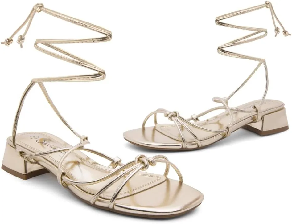Shoe Land SL-Danica Women's Lace-Up Chunky Low Heels, Strappy Ankle Wrap Heeled Sandals, Square Open Toe Tie-Up Dress Sandals for Holiday, Party, and Wedding