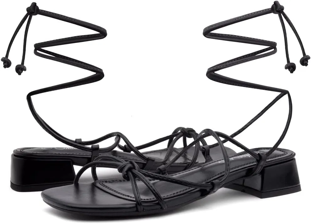 Shoe Land SL-Danica Women's Lace-Up Chunky Low Heels, Strappy Ankle Wrap Heeled Sandals, Square Open Toe Tie-Up Dress Sandals for Holiday, Party, and Wedding