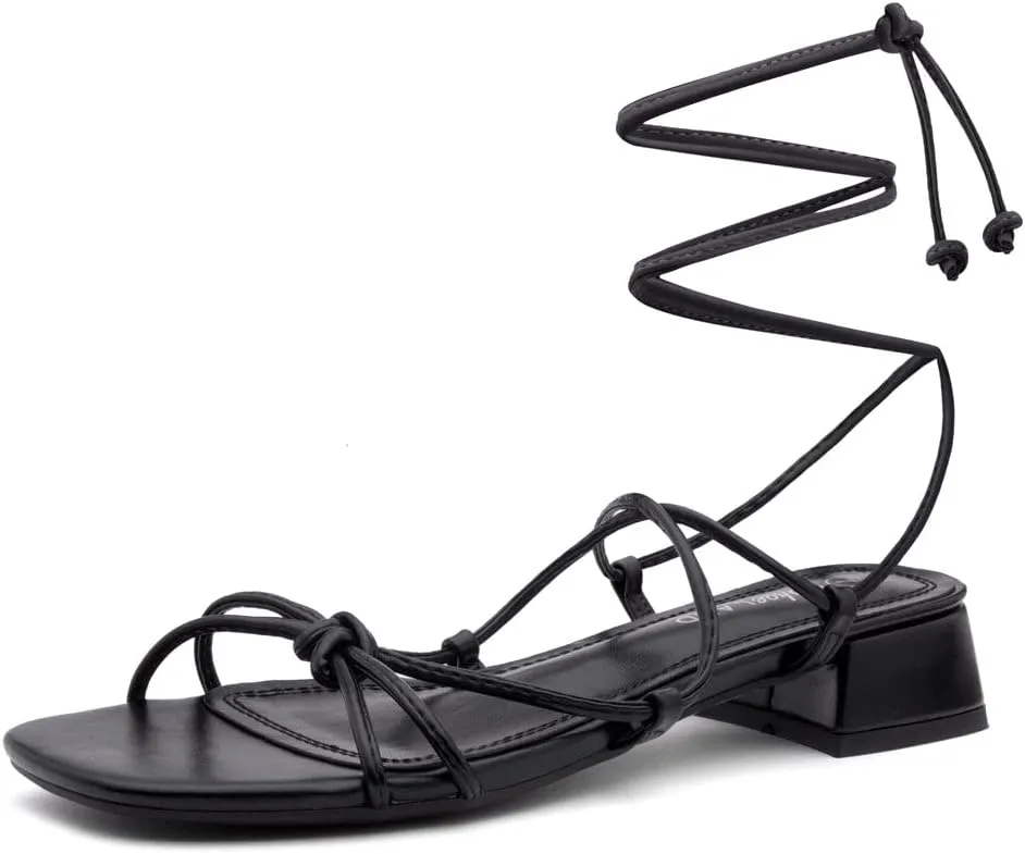 Shoe Land SL-Danica Women's Lace-Up Chunky Low Heels, Strappy Ankle Wrap Heeled Sandals, Square Open Toe Tie-Up Dress Sandals for Holiday, Party, and Wedding