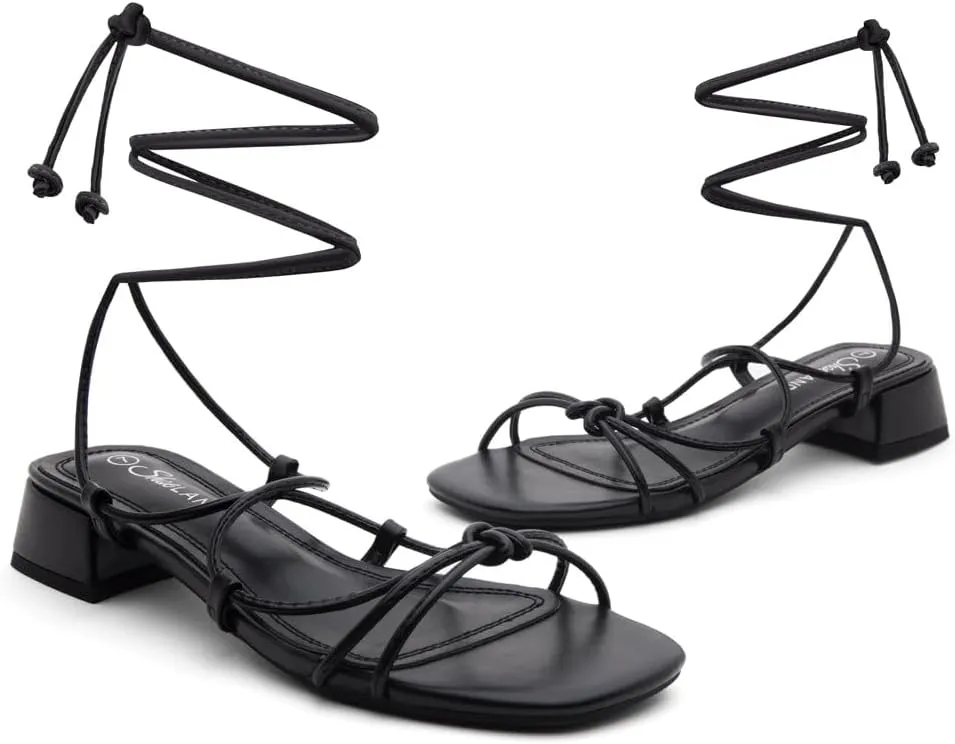 Shoe Land SL-Danica Women's Lace-Up Chunky Low Heels, Strappy Ankle Wrap Heeled Sandals, Square Open Toe Tie-Up Dress Sandals for Holiday, Party, and Wedding