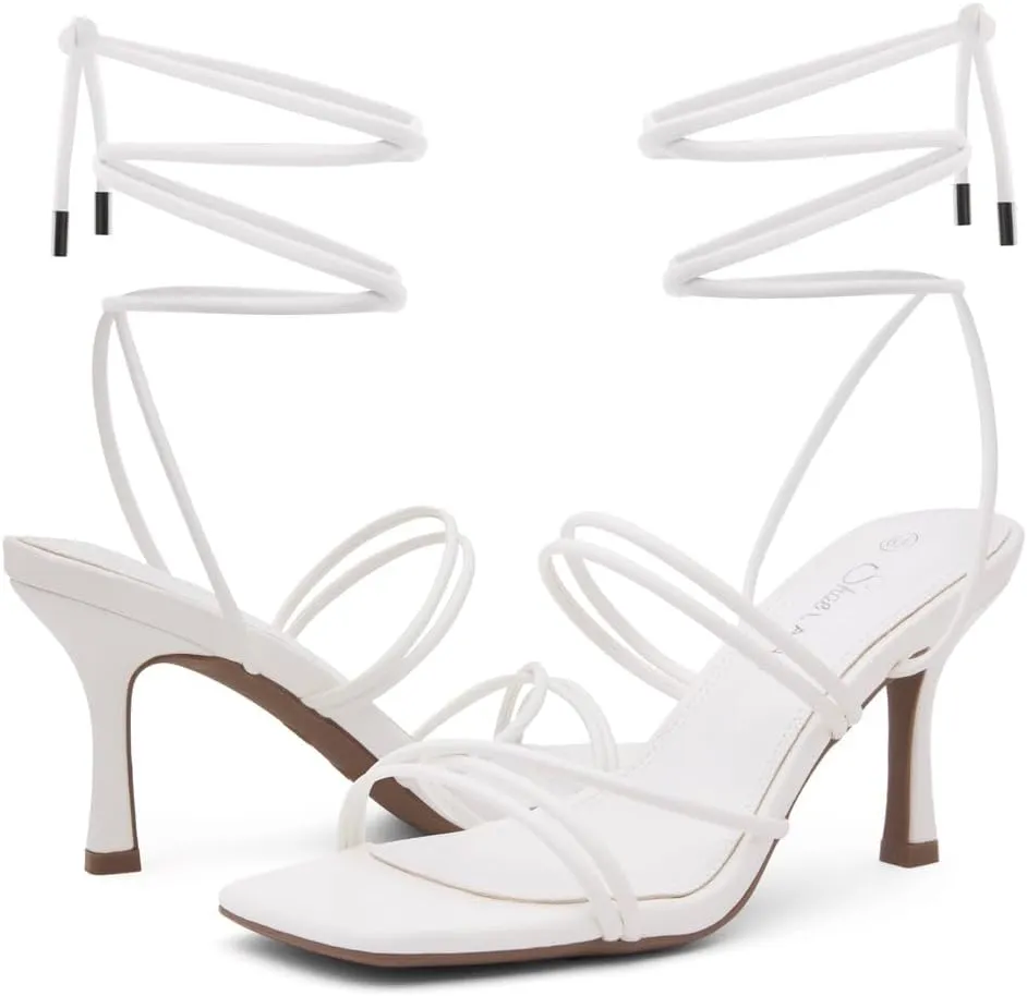 Shoe Land SL-Lumi Women's Lace-Up Heels, Square Open Toe Strappy Heeled Sandals, Ankle Wrap Tie-Up High Heels, Dressy Stiletto Heels for Prom, Wedding, and Party