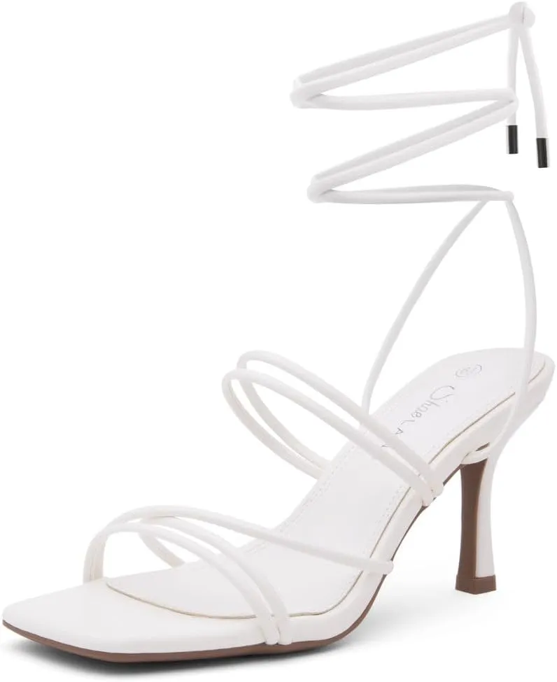 Shoe Land SL-Lumi Women's Lace-Up Heels, Square Open Toe Strappy Heeled Sandals, Ankle Wrap Tie-Up High Heels, Dressy Stiletto Heels for Prom, Wedding, and Party
