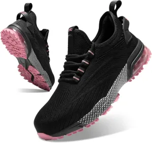 SPIEZ Composite Toe Safety Shoes for Women,Breathable Lightweight Non Slip Work Shoes,Air Cushion Safety Sneakers for Daily Casual Wear and Various Harsh Environments Black-Pink（5-9.5）