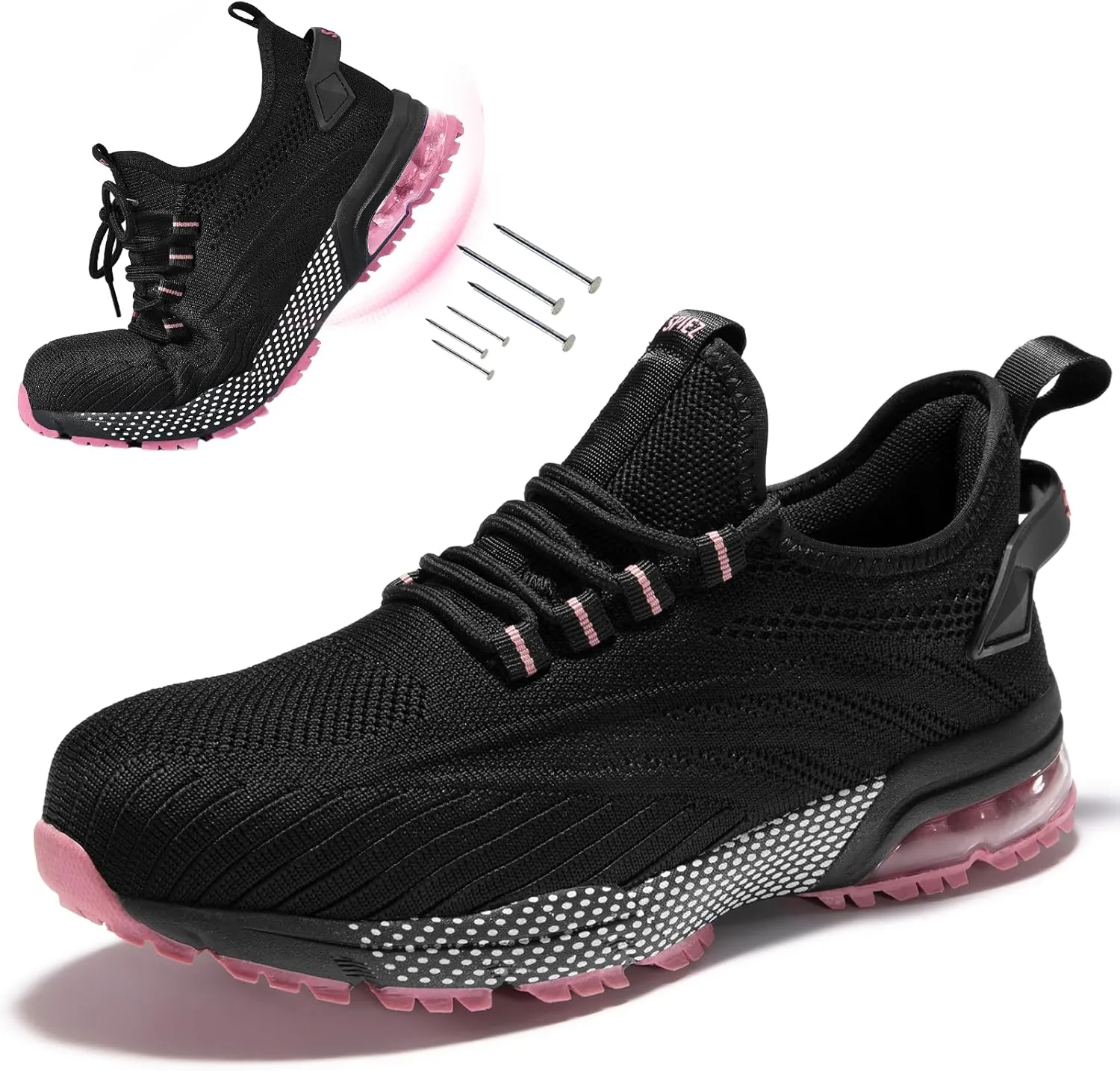 SPIEZ Composite Toe Safety Shoes for Women,Breathable Lightweight Non Slip Work Shoes,Air Cushion Safety Sneakers for Daily Casual Wear and Various Harsh Environments Black-Pink（5-9.5）