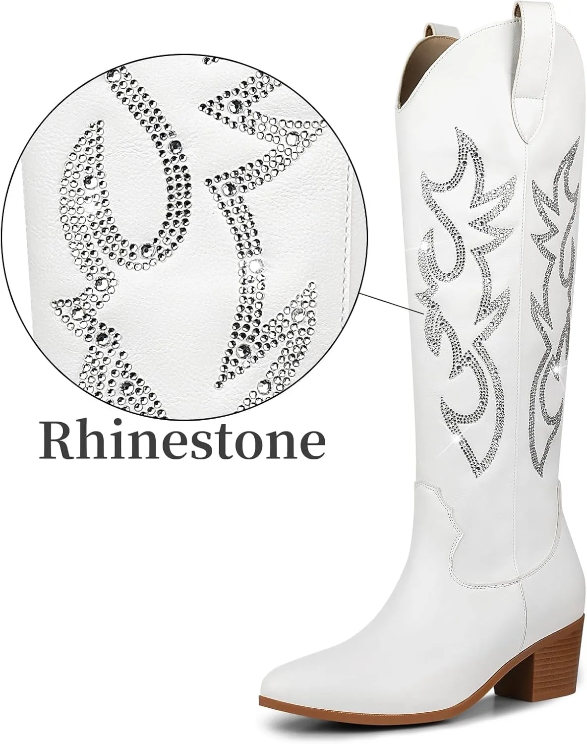 STALOV Cowboy Boots for Women,Western Pointed Toe Chunky Heel Pull-On Knee High Cowgirl Boots Fashion Embroidered Tall