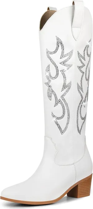 STALOV Cowboy Boots for Women,Western Pointed Toe Chunky Heel Pull-On Knee High Cowgirl Boots Fashion Embroidered Tall