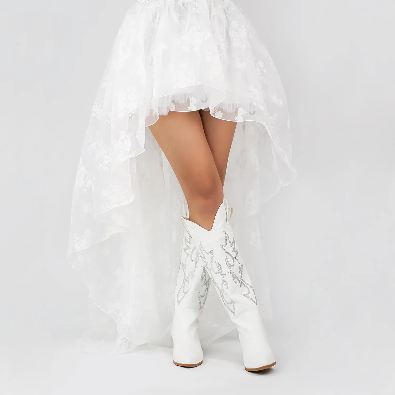 STALOV Cowboy Boots for Women,Western Pointed Toe Chunky Heel Pull-On Knee High Cowgirl Boots Fashion Embroidered Tall