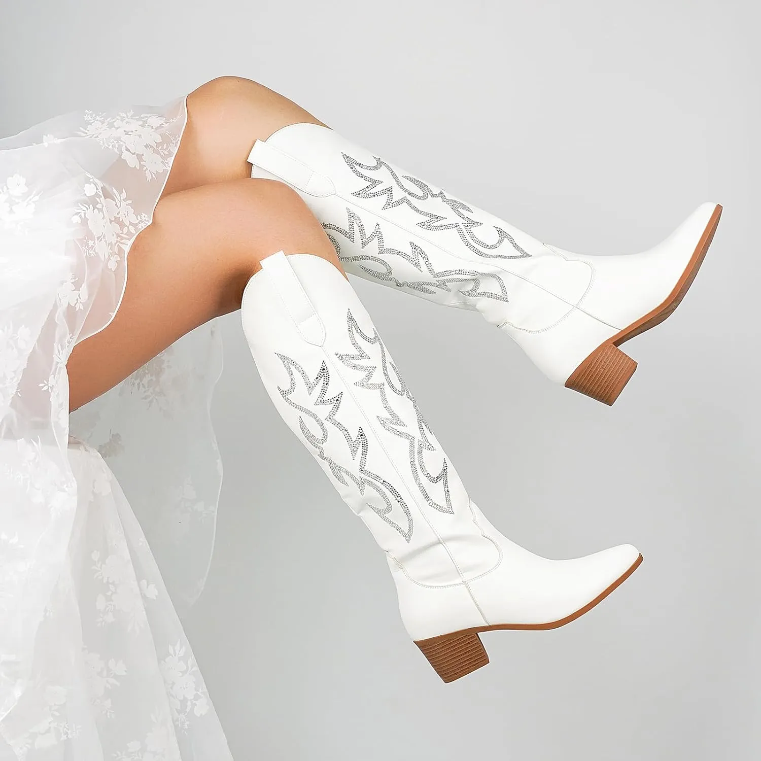 STALOV Cowboy Boots for Women,Western Pointed Toe Chunky Heel Pull-On Knee High Cowgirl Boots Fashion Embroidered Tall