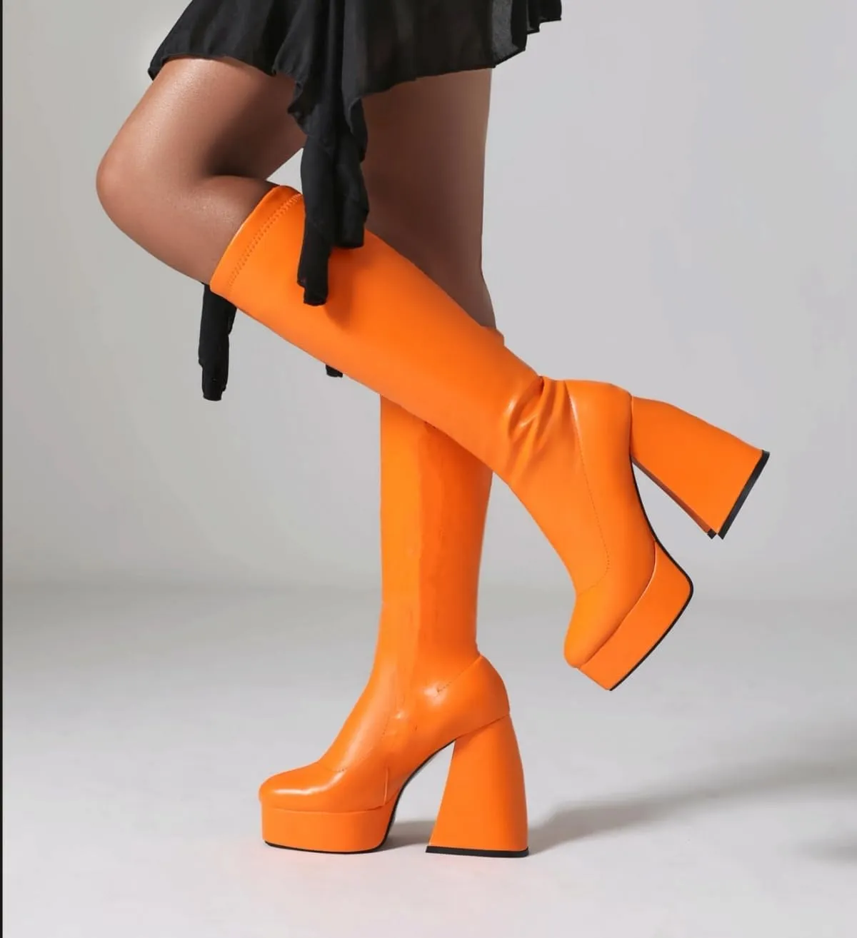 STALOV Platform Gogo Boots for women Knee High Square Toe Tall Boots Block Chunky Heel Stretchy Leather Long Boots