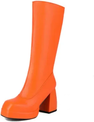 STALOV Platform Gogo Boots for women Knee High Square Toe Tall Boots Block Chunky Heel Stretchy Leather Long Boots