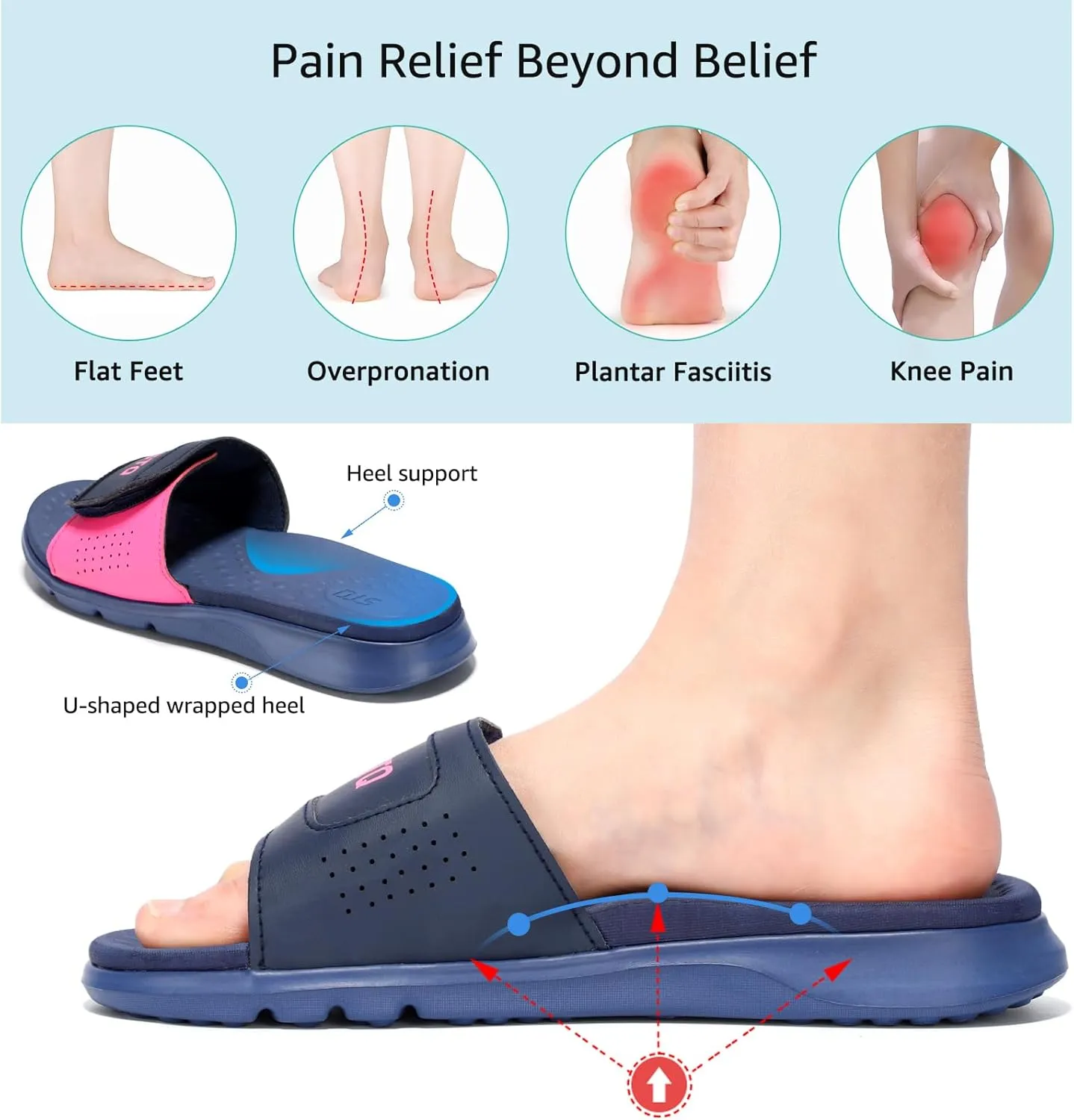 STQ Orthopedic Slides for Women Memory Foam Sandals Arch Support Slide Sandals with Adjustable Hook and Loop