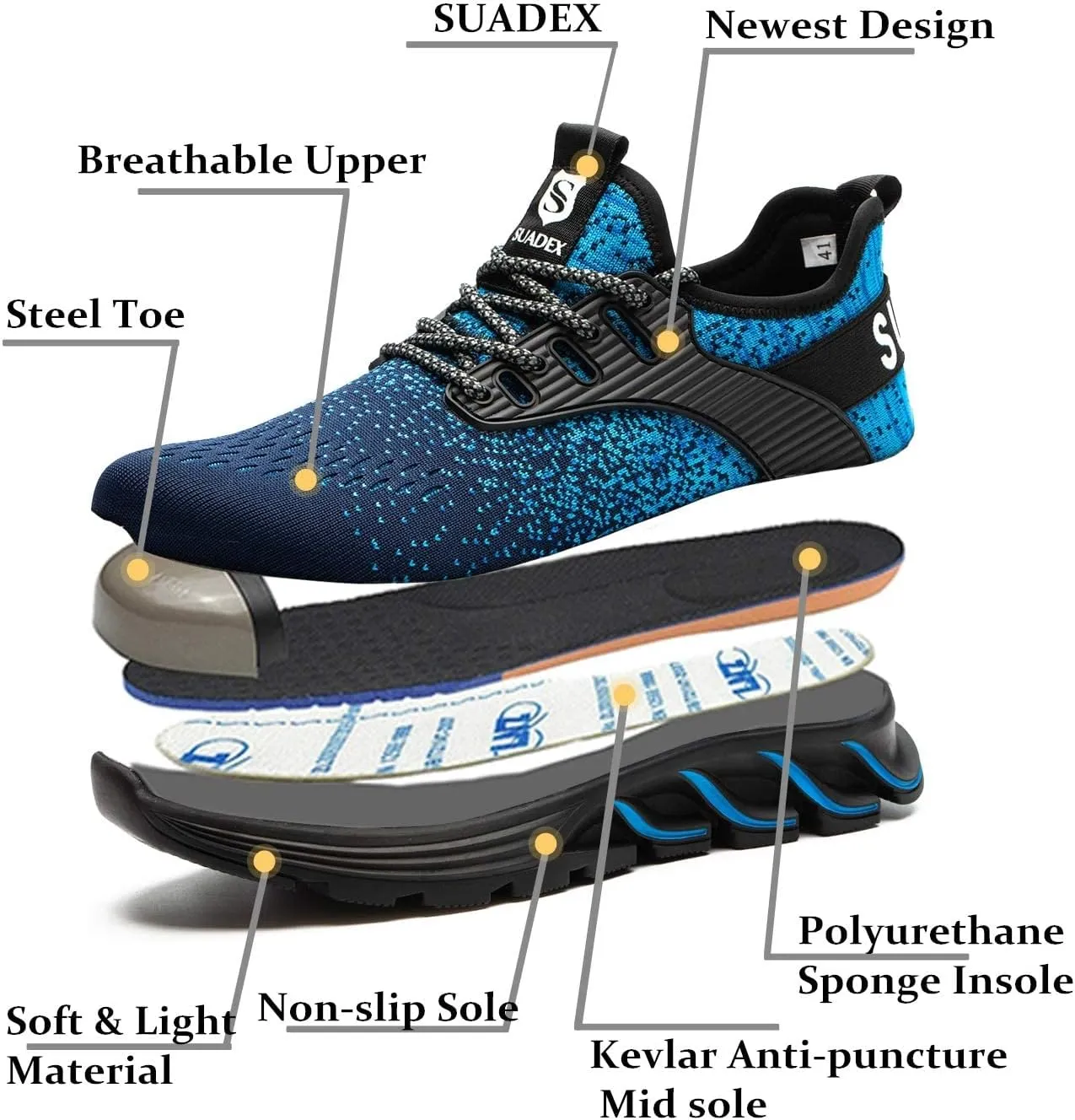 SUADEX Steel Toe Shoes for Men Women Indestructible Safety Work Tennis Shoes Lightweight Comfortable Slip Resistant Breathable Construction Composite Toe Sneakers