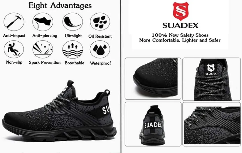 SUADEX Steel Toe Shoes for Men Women Indestructible Safety Work Tennis Shoes Lightweight Comfortable Slip Resistant Breathable Construction Composite Toe Sneakers