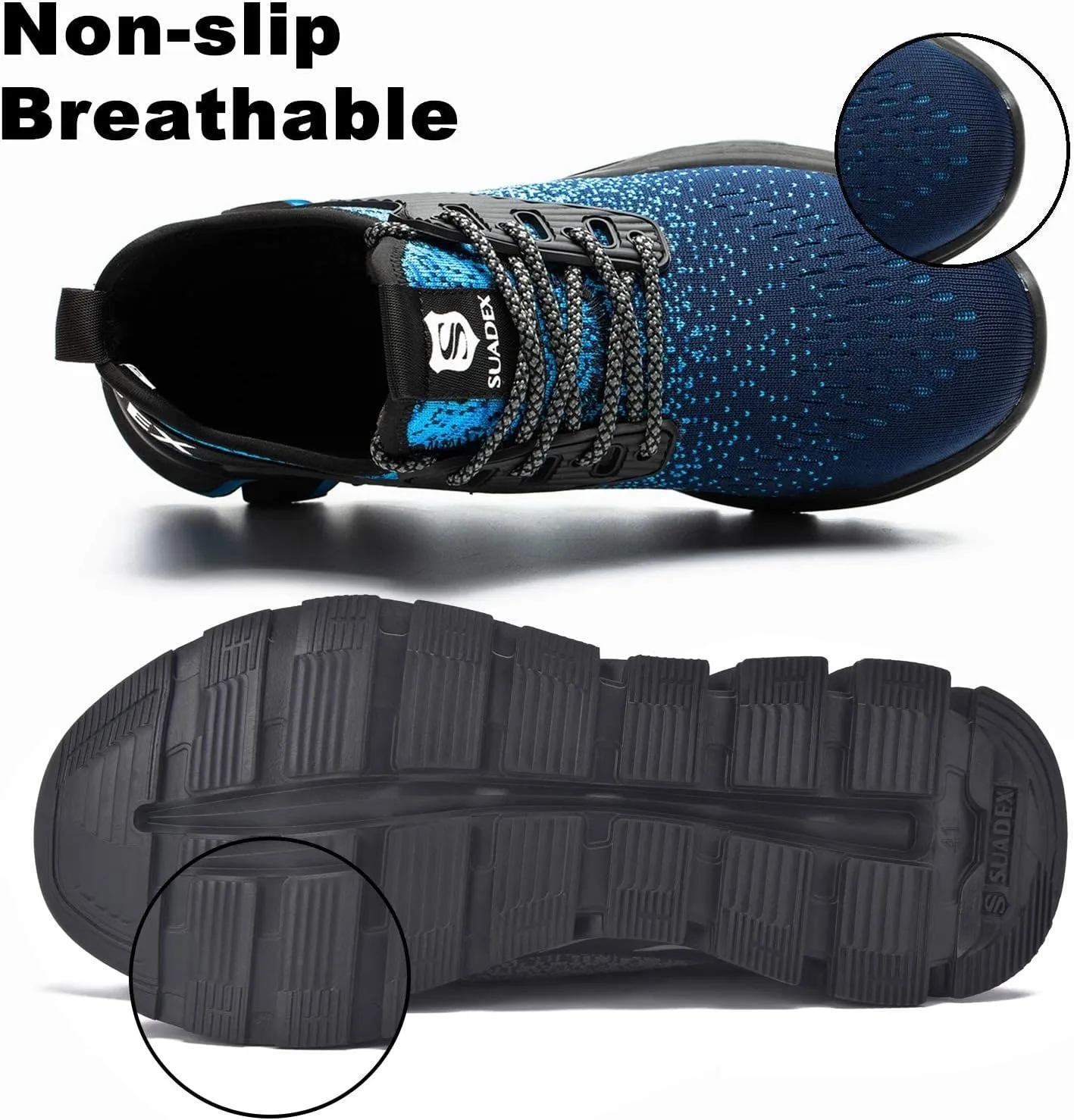 SUADEX Steel Toe Shoes for Men Women Indestructible Safety Work Tennis Shoes Lightweight Comfortable Slip Resistant Breathable Construction Composite Toe Sneakers