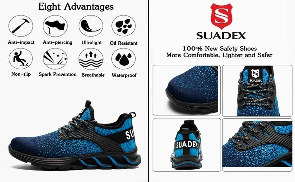 SUADEX Steel Toe Shoes for Men Women Indestructible Safety Work Tennis Shoes Lightweight Comfortable Slip Resistant Breathable Construction Composite Toe Sneakers