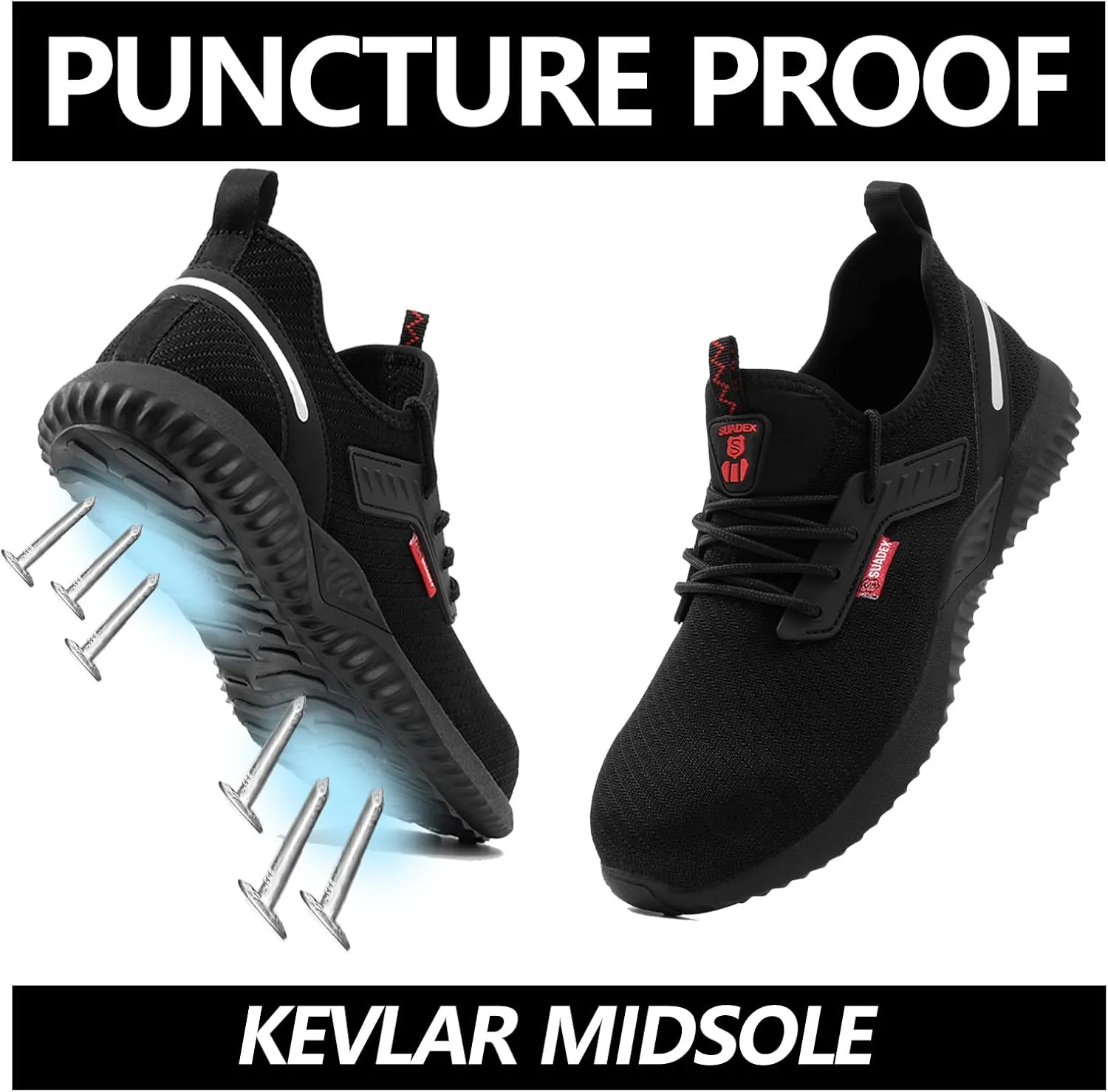 SUADEX Steel Toe Shoes for Men Women Lightweight Safety Work Sneakers for Construction Indestructible Breathable