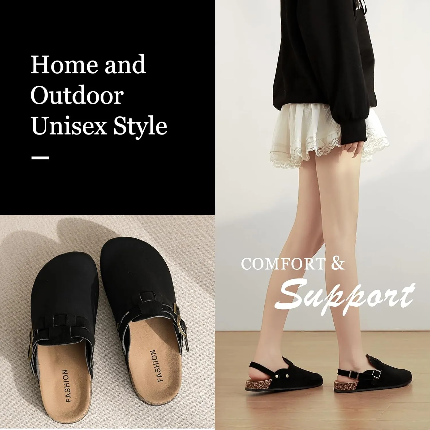 Suede Clogs for Women Men, Unisex Leather Mules with Double-Buckle Adjustment Comfortable Cork Footbed Sandals Potato Shoes with Arch Support