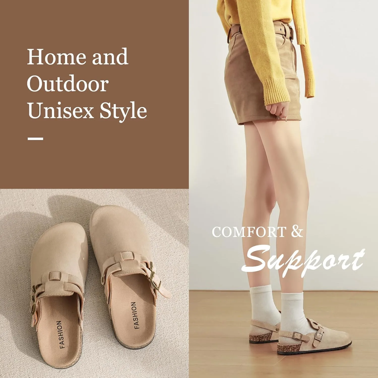 Suede Clogs for Women Men, Unisex Leather Mules with Double-Buckle Adjustment Comfortable Cork Footbed Sandals Potato Shoes with Arch Support