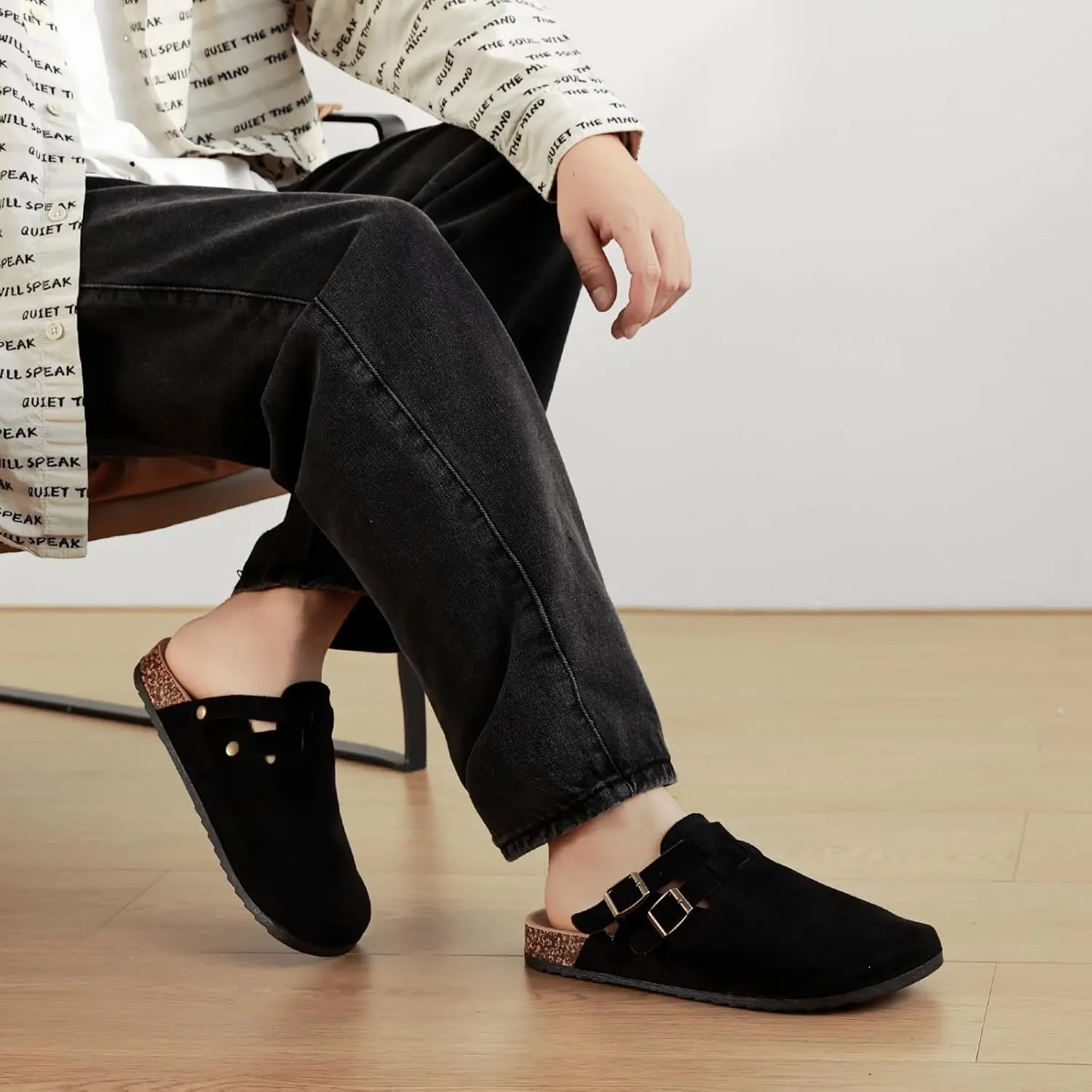 Suede Clogs for Women Men, Unisex Leather Mules with Double-Buckle Adjustment Comfortable Cork Footbed Sandals Potato Shoes with Arch Support