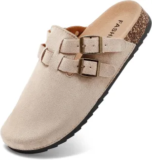 Suede Clogs for Women Men, Unisex Leather Mules with Double-Buckle Adjustment Comfortable Cork Footbed Sandals Potato Shoes with Arch Support