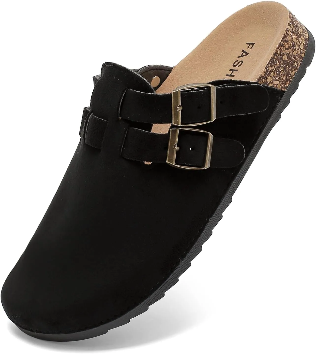Suede Clogs for Women Men, Unisex Leather Mules with Double-Buckle Adjustment Comfortable Cork Footbed Sandals Potato Shoes with Arch Support