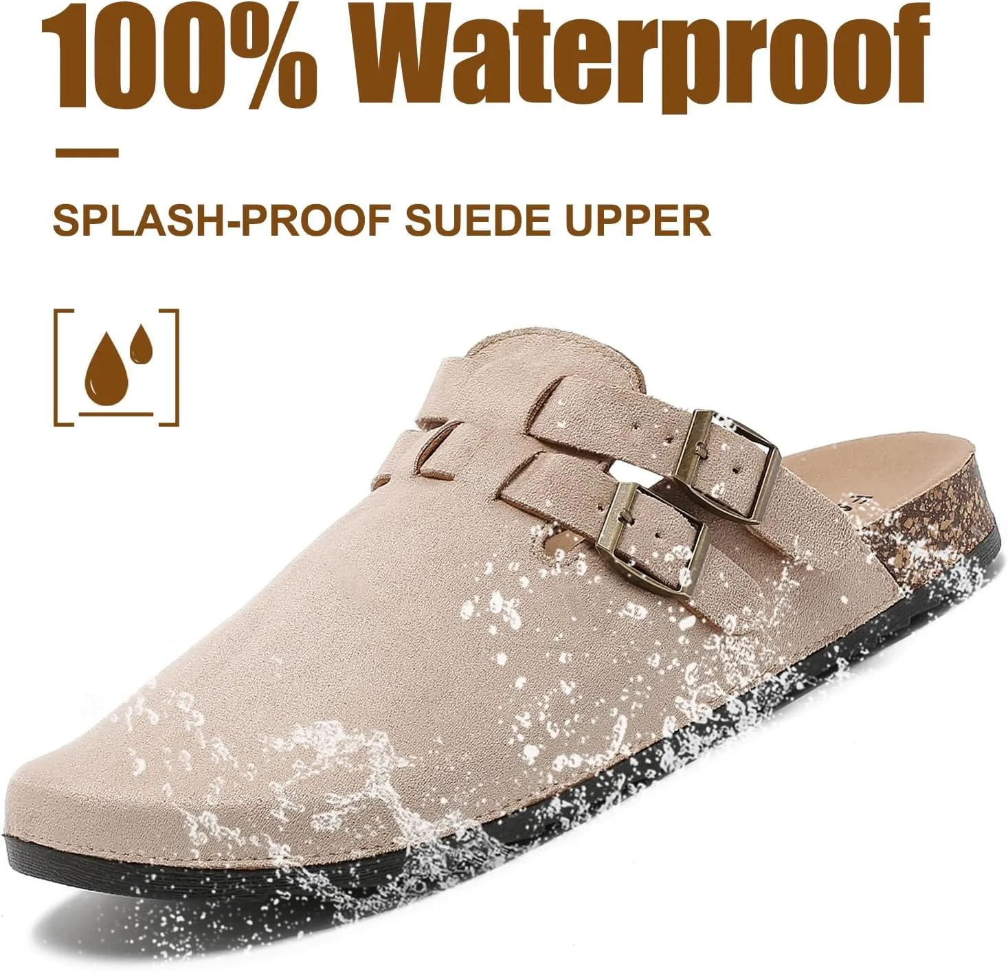 Suede Clogs for Women Men, Unisex Leather Mules with Double-Buckle Adjustment Comfortable Cork Footbed Sandals Potato Shoes with Arch Support