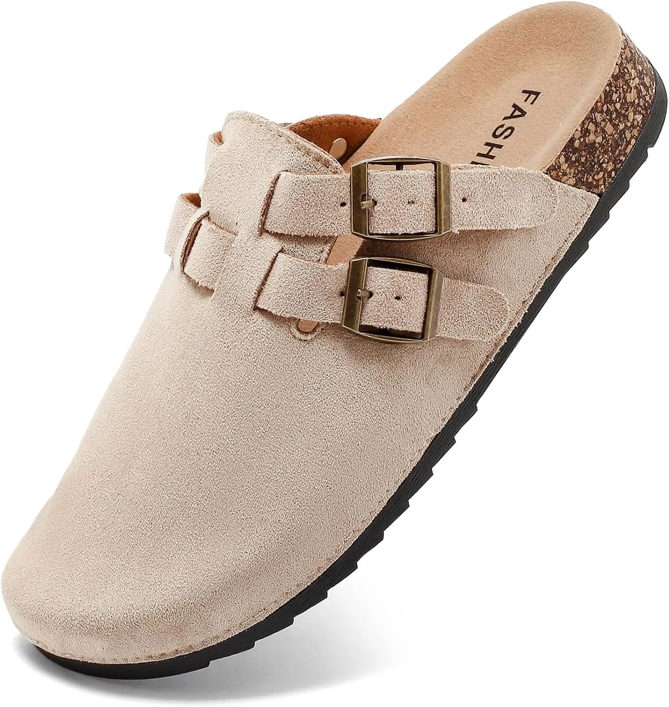 Suede Clogs for Women Men, Unisex Leather Mules with Double-Buckle Adjustment Comfortable Cork Footbed Sandals Potato Shoes with Arch Support