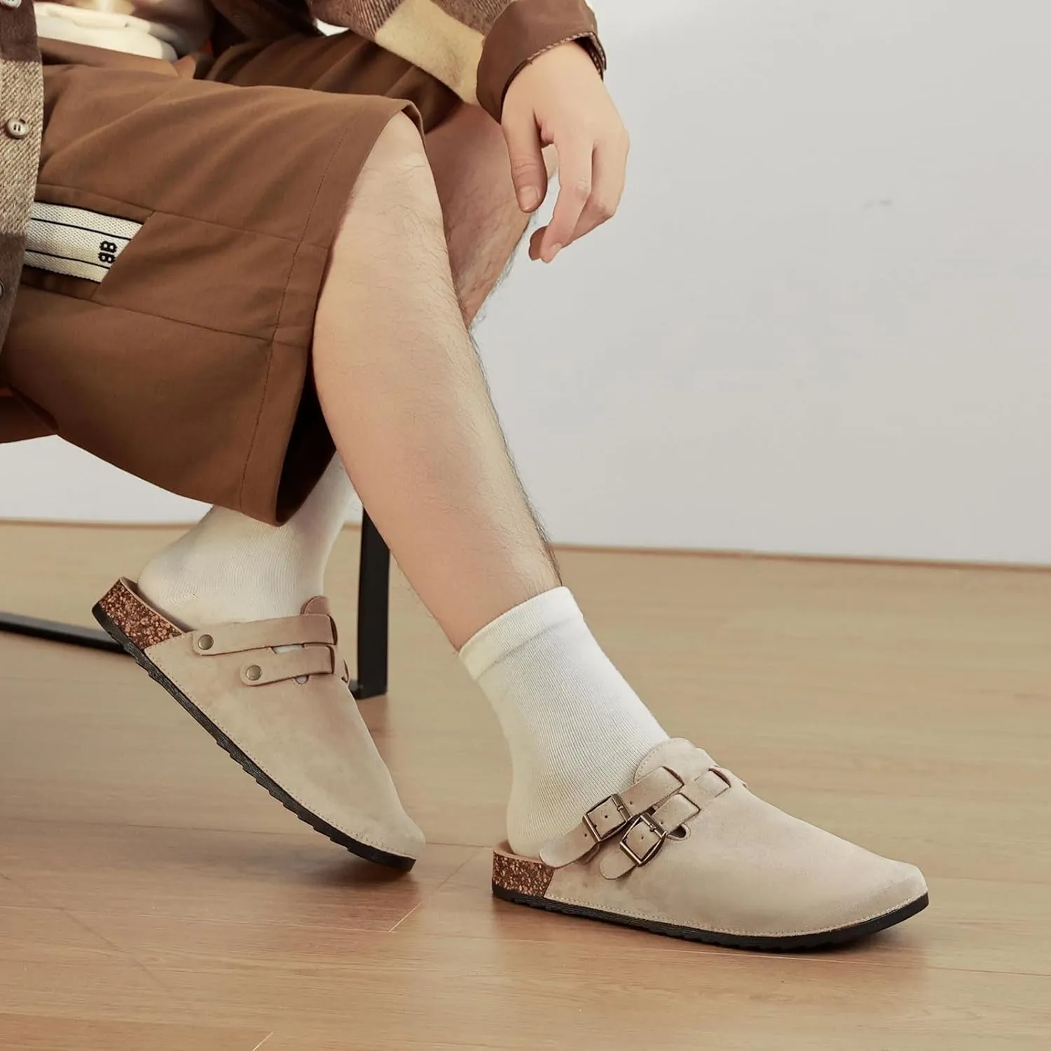 Suede Clogs for Women Men, Unisex Leather Mules with Double-Buckle Adjustment Comfortable Cork Footbed Sandals Potato Shoes with Arch Support
