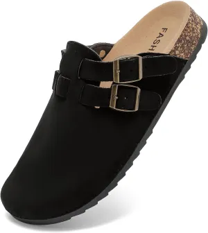 Suede Clogs for Women Men, Unisex Leather Mules with Double-Buckle Adjustment Comfortable Cork Footbed Sandals Potato Shoes with Arch Support
