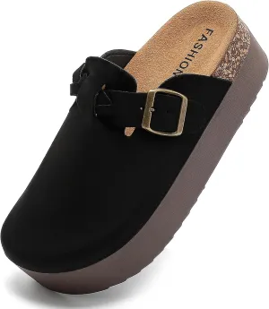 Suede Platform Clogs Women, Closed Toe Slippers Slides Sandals, Potato Shoes with Adjustable Buckle, Non Slip On Mules
