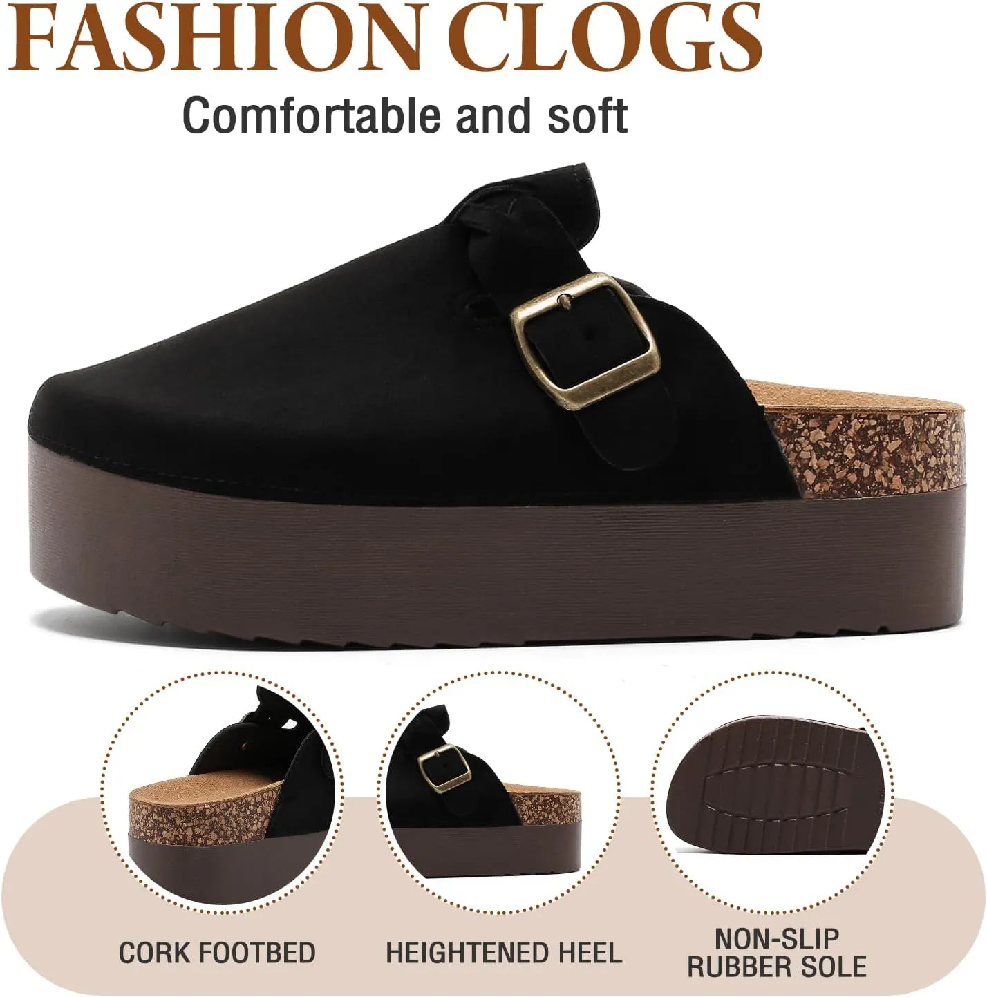 Suede Platform Clogs Women, Closed Toe Slippers Slides Sandals, Potato Shoes with Adjustable Buckle, Non Slip On Mules