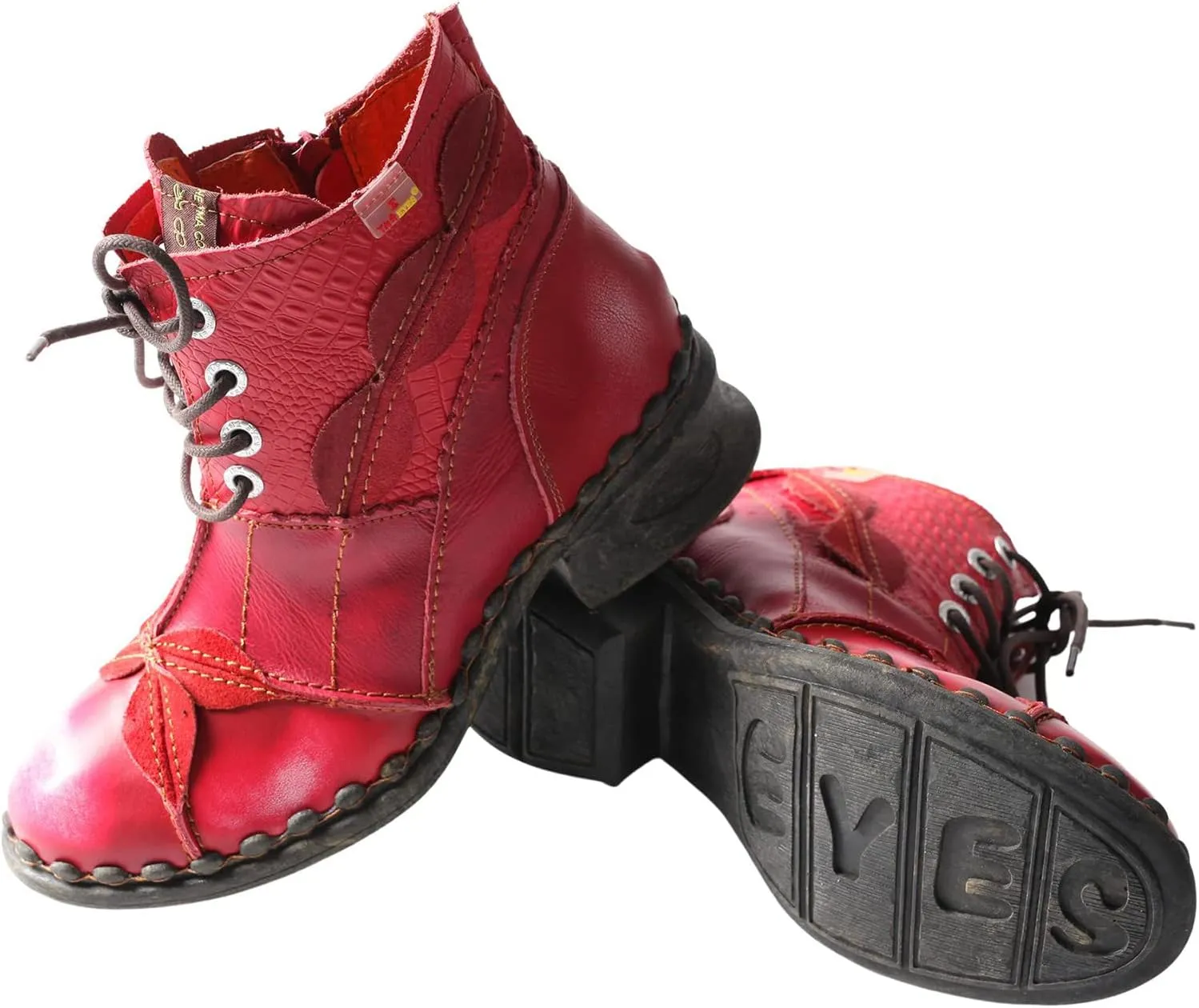 TMA EYES Women's Ankle Boots Low Heel Lace-up Side Zipper Fashion Leather Booties