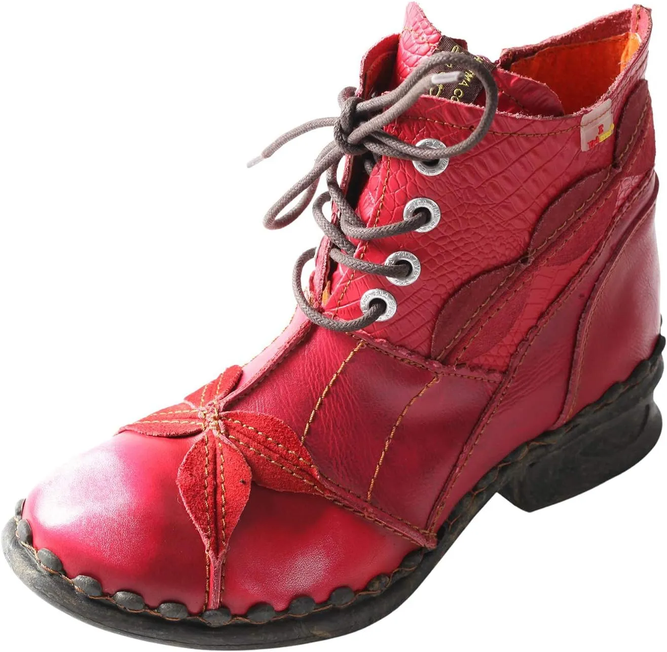 TMA EYES Women's Ankle Boots Low Heel Lace-up Side Zipper Fashion Leather Booties