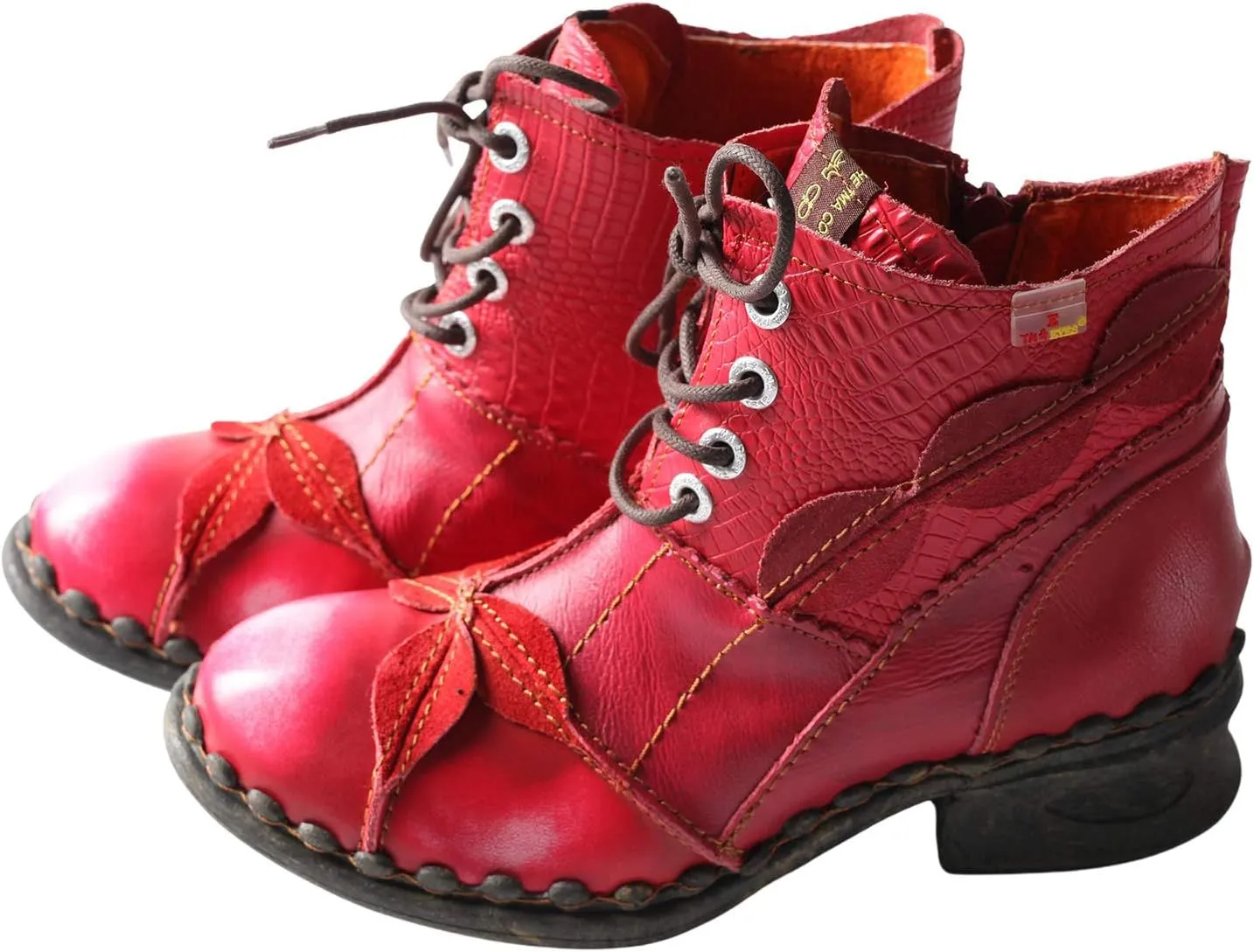 TMA EYES Women's Ankle Boots Low Heel Lace-up Side Zipper Fashion Leather Booties