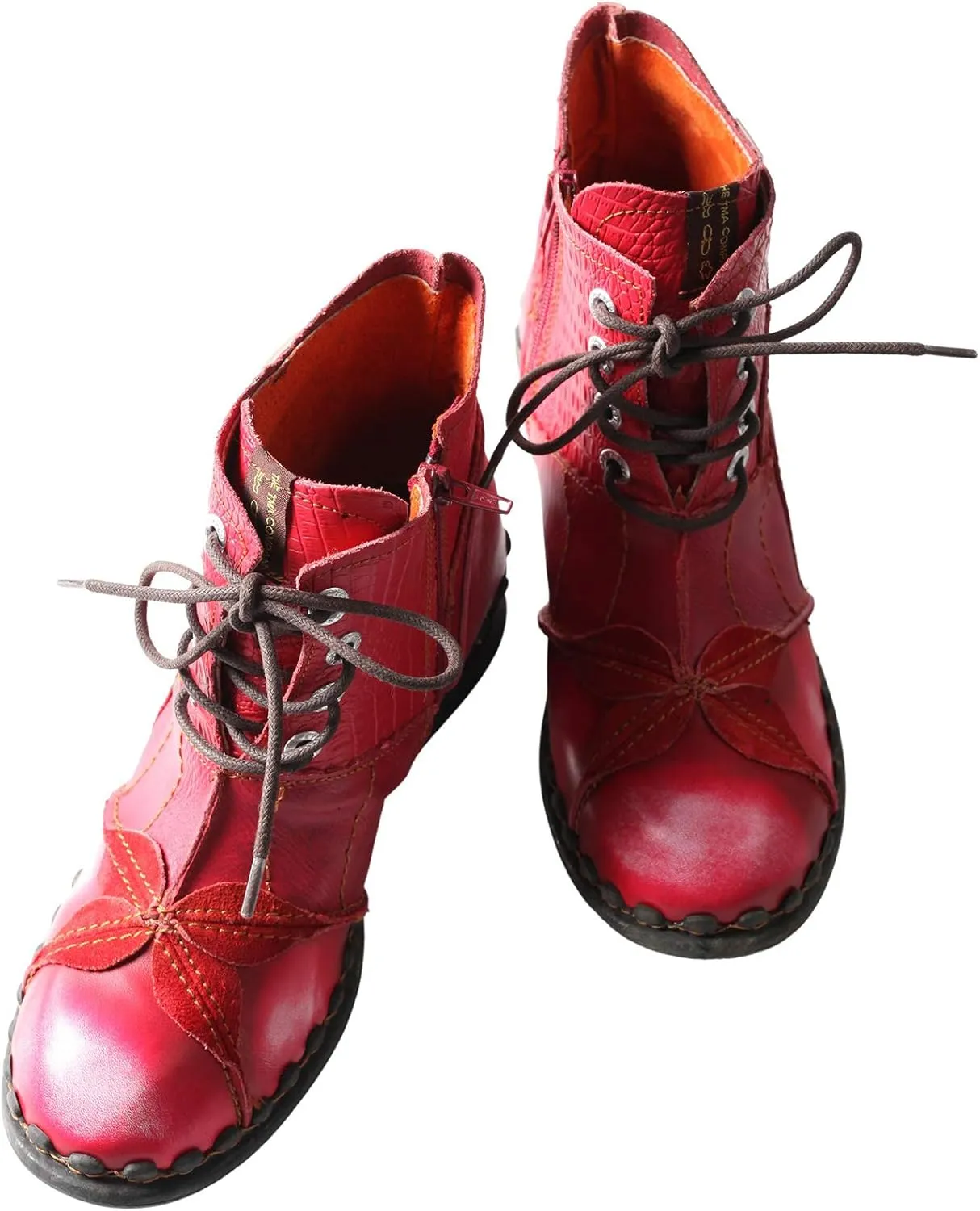 TMA EYES Women's Ankle Boots Low Heel Lace-up Side Zipper Fashion Leather Booties