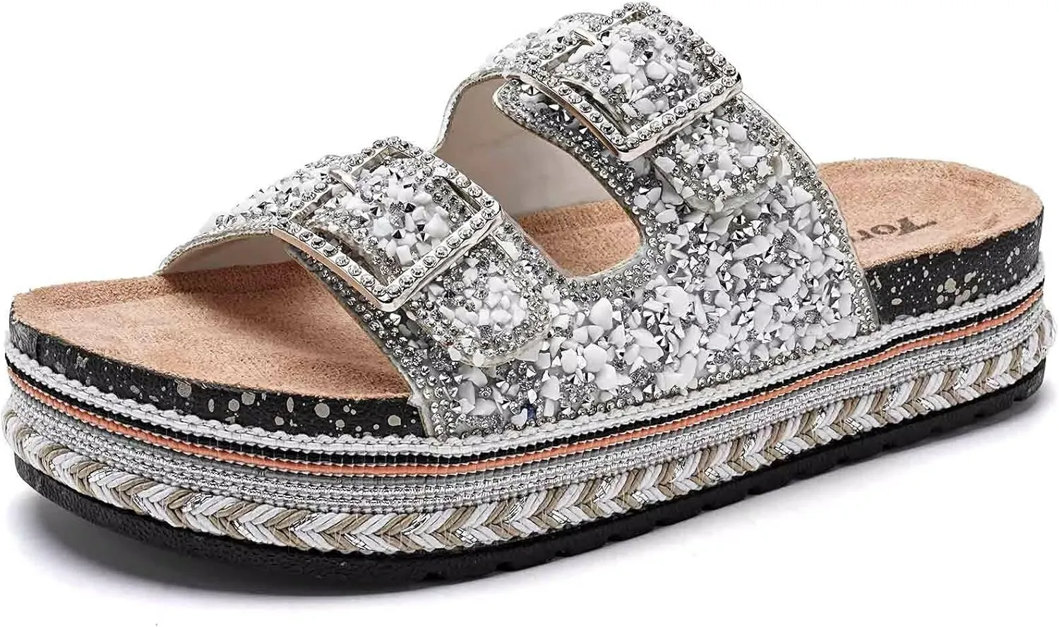 Torotto Womens Slides with Cork Footbed Open Toe Adjustable Webbing Flat Sandals for Walking | Beach | Indoor