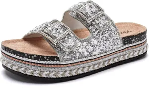 Torotto Womens Slides with Cork Footbed Open Toe Adjustable Webbing Flat Sandals for Walking | Beach | Indoor