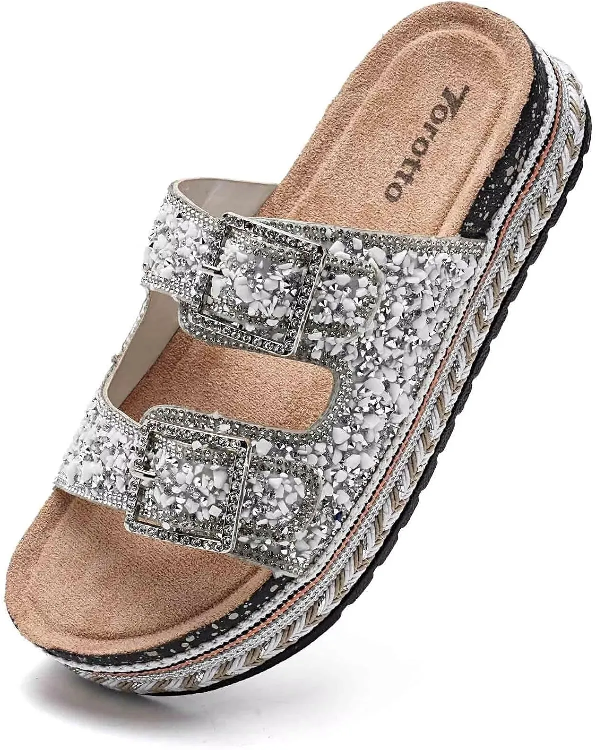 Torotto Womens Slides with Cork Footbed Open Toe Adjustable Webbing Flat Sandals for Walking | Beach | Indoor