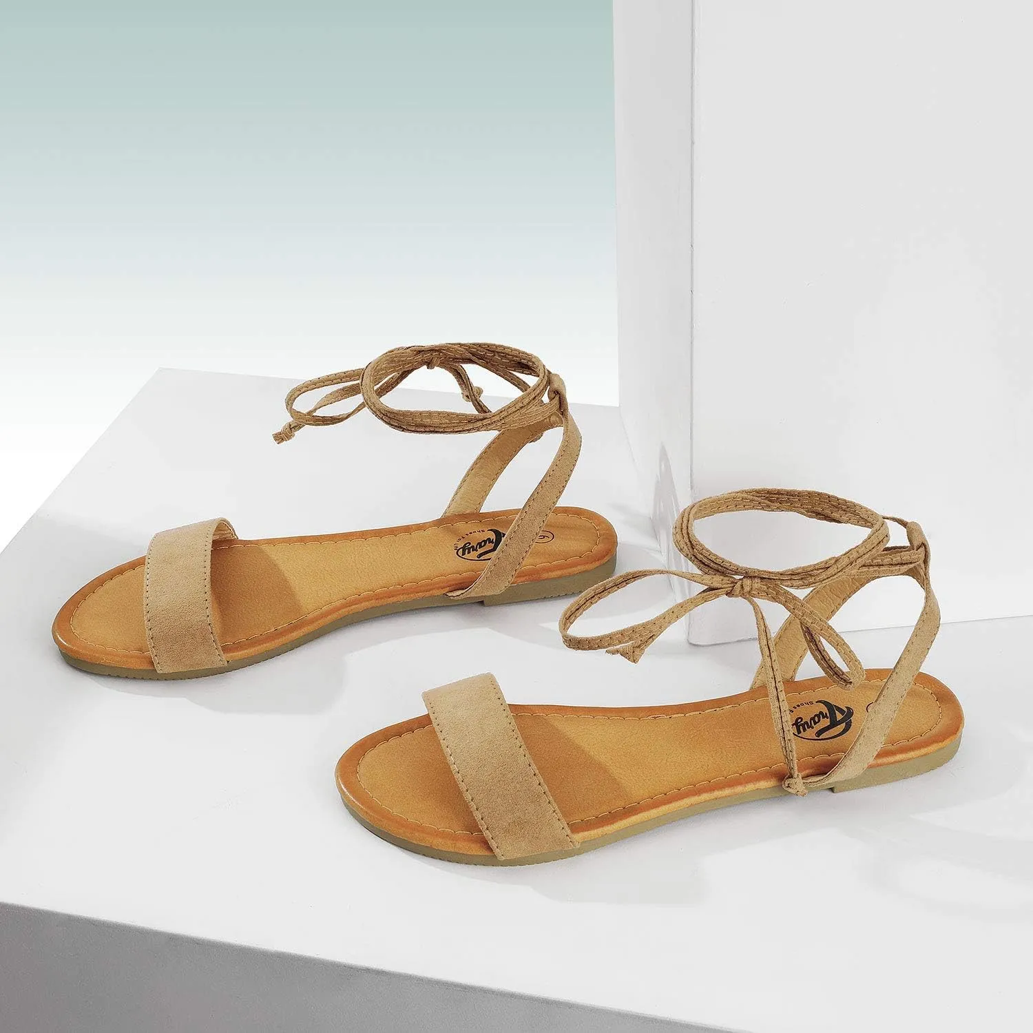 Trary Women's Lace Up Open Toe Strappy Sandals, Ankle Wrap Flat Dressy Tie Up Summer Footwear