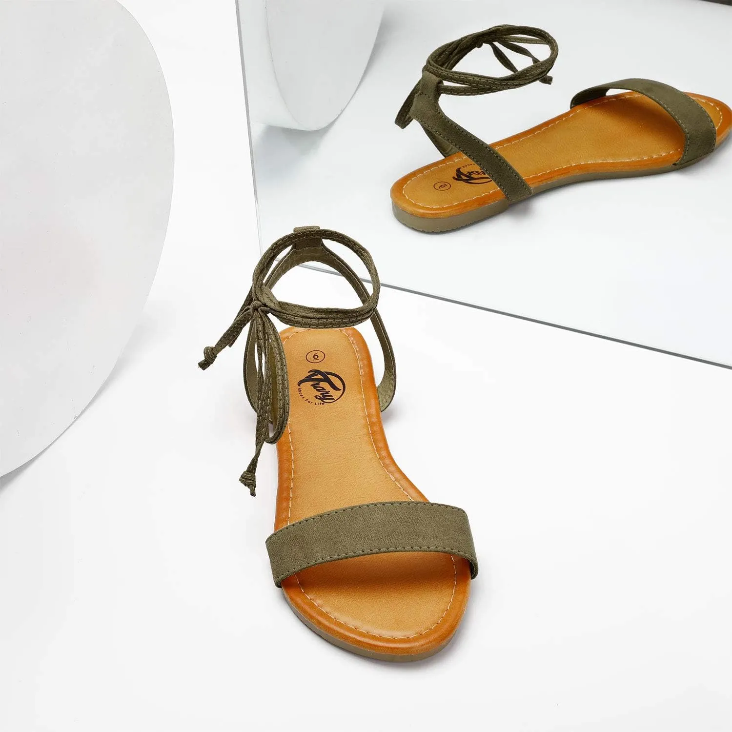 Trary Women's Lace Up Open Toe Strappy Sandals, Ankle Wrap Flat Dressy Tie Up Summer Footwear