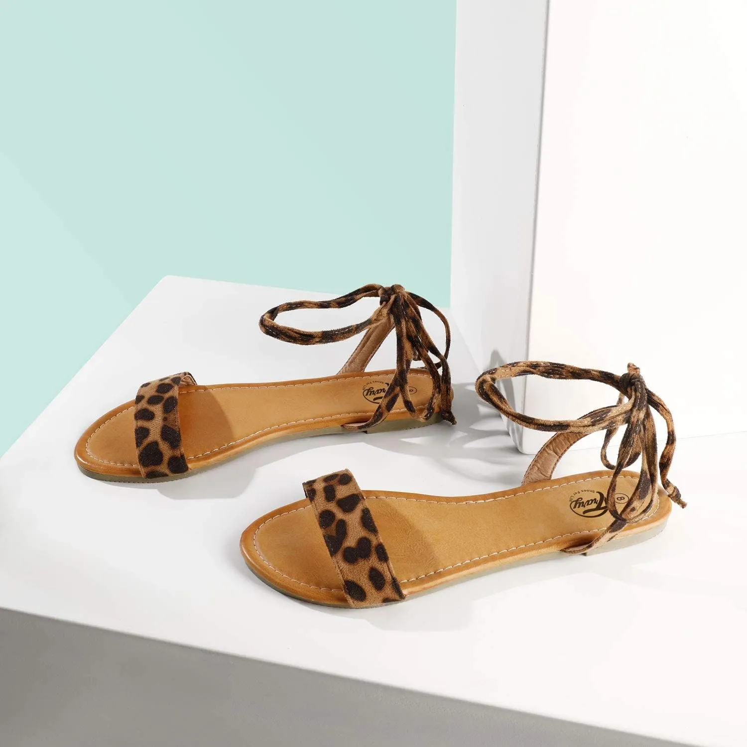 Trary Women's Lace Up Open Toe Strappy Sandals, Ankle Wrap Flat Dressy Tie Up Summer Footwear