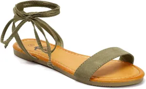 Trary Women's Lace Up Open Toe Strappy Sandals, Ankle Wrap Flat Dressy Tie Up Summer Footwear
