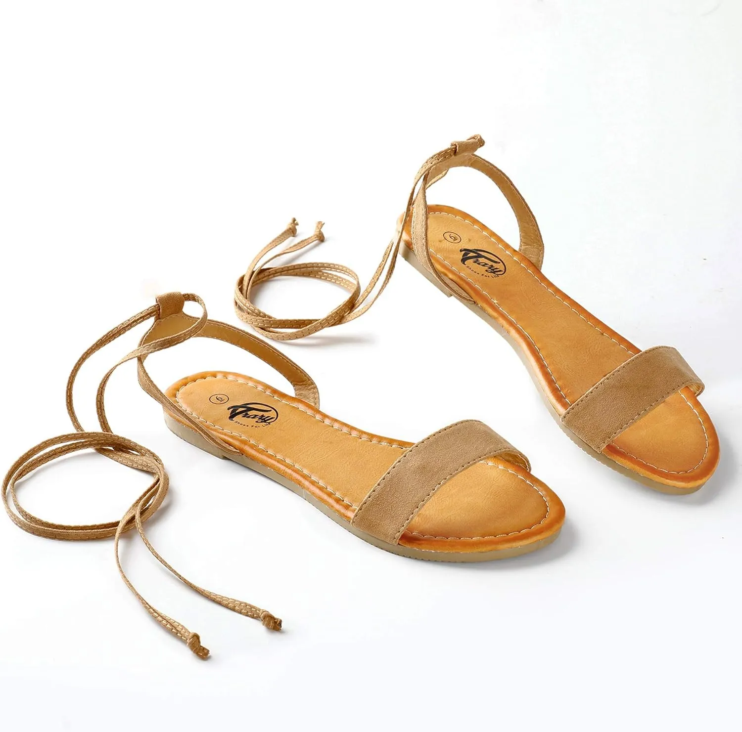Trary Women's Lace Up Open Toe Strappy Sandals, Ankle Wrap Flat Dressy Tie Up Summer Footwear