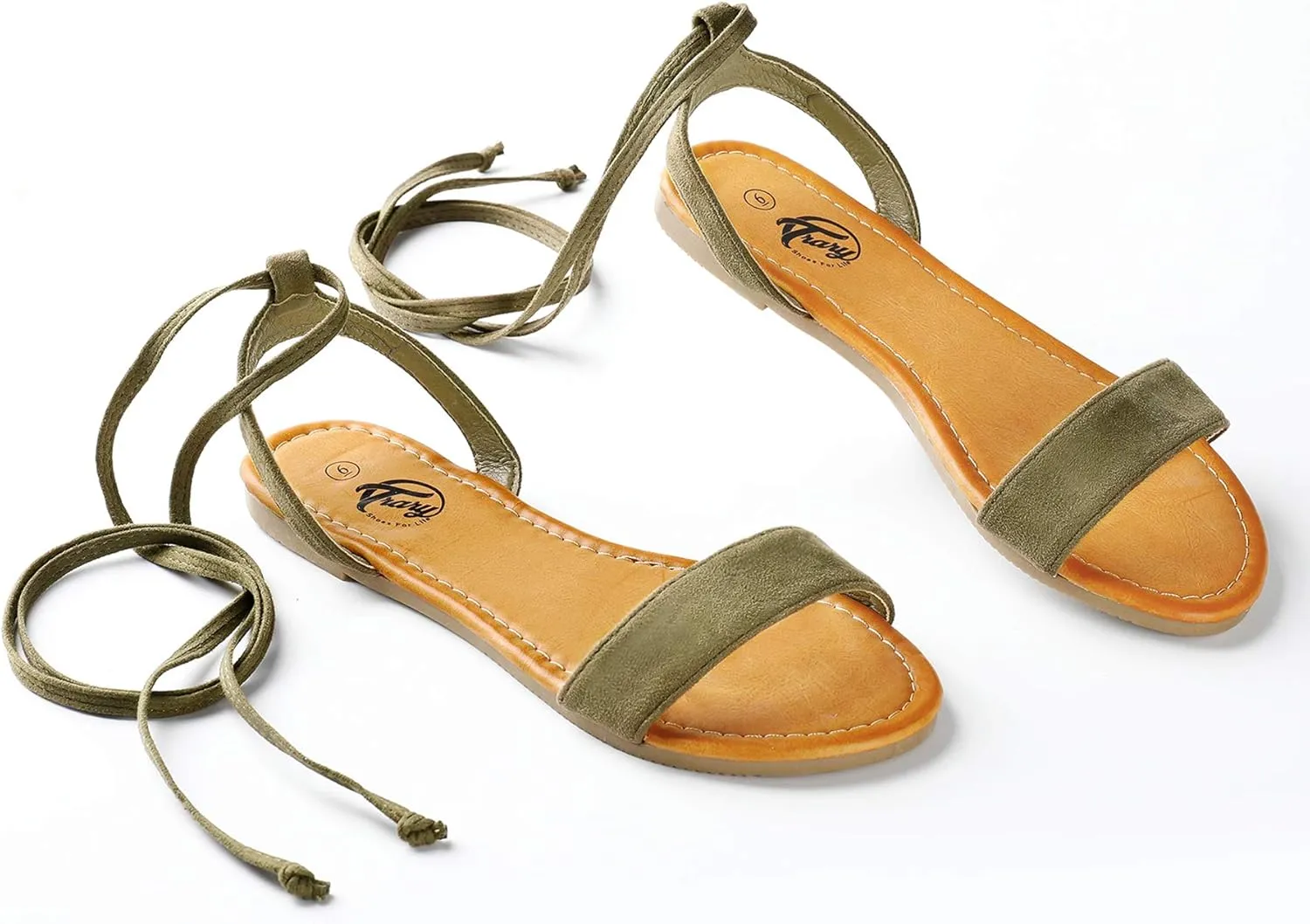 Trary Women's Lace Up Open Toe Strappy Sandals, Ankle Wrap Flat Dressy Tie Up Summer Footwear