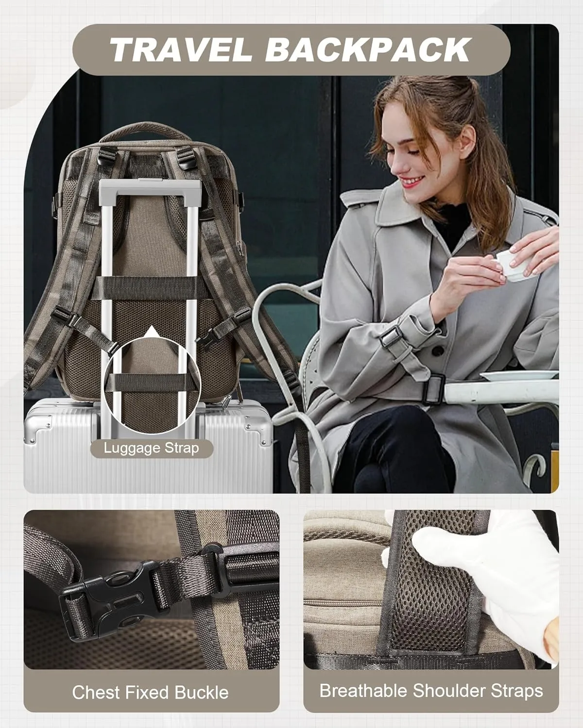 Travel Backpack for Men Women Carry On Backpack Flight Approved Laptop Backpack Luggage Backpack Weekender Bag for Outdoor Hiking Business Trip Khaki