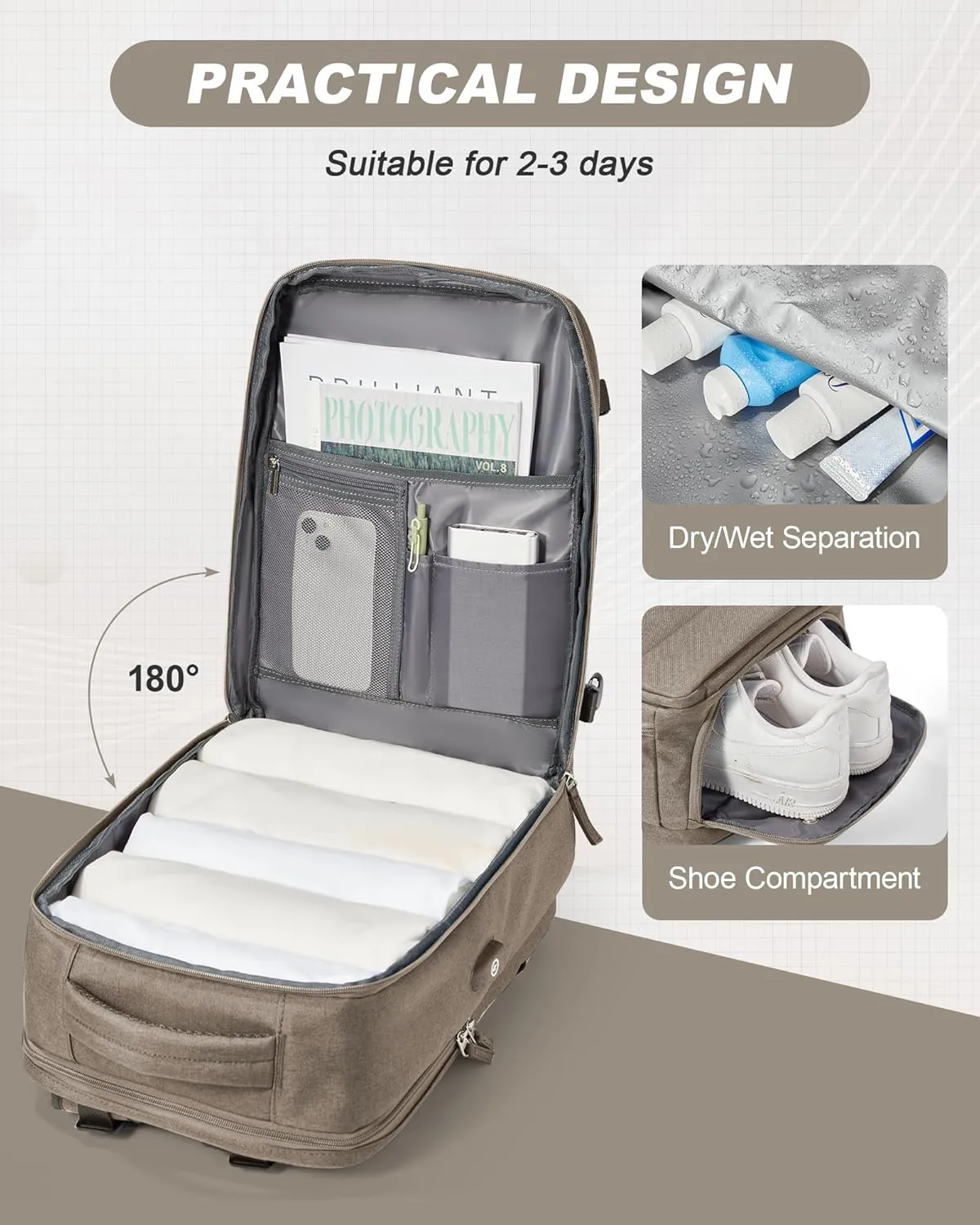 Travel Backpack for Men Women Carry On Backpack Flight Approved Laptop Backpack Luggage Backpack Weekender Bag for Outdoor Hiking Business Trip Khaki